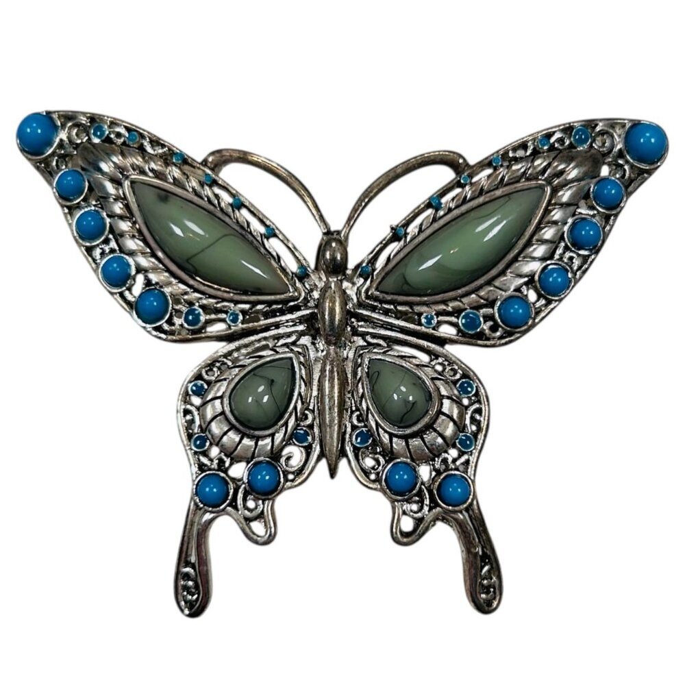 Butterfly Brooch Silver Tone Green Blue Stones Western Cottage